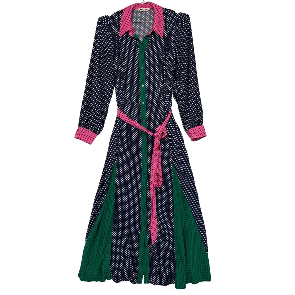 Boden Womens Shirt Dress 10R Navy Martha Godet Pink Green Polka Dot Maxi Belted